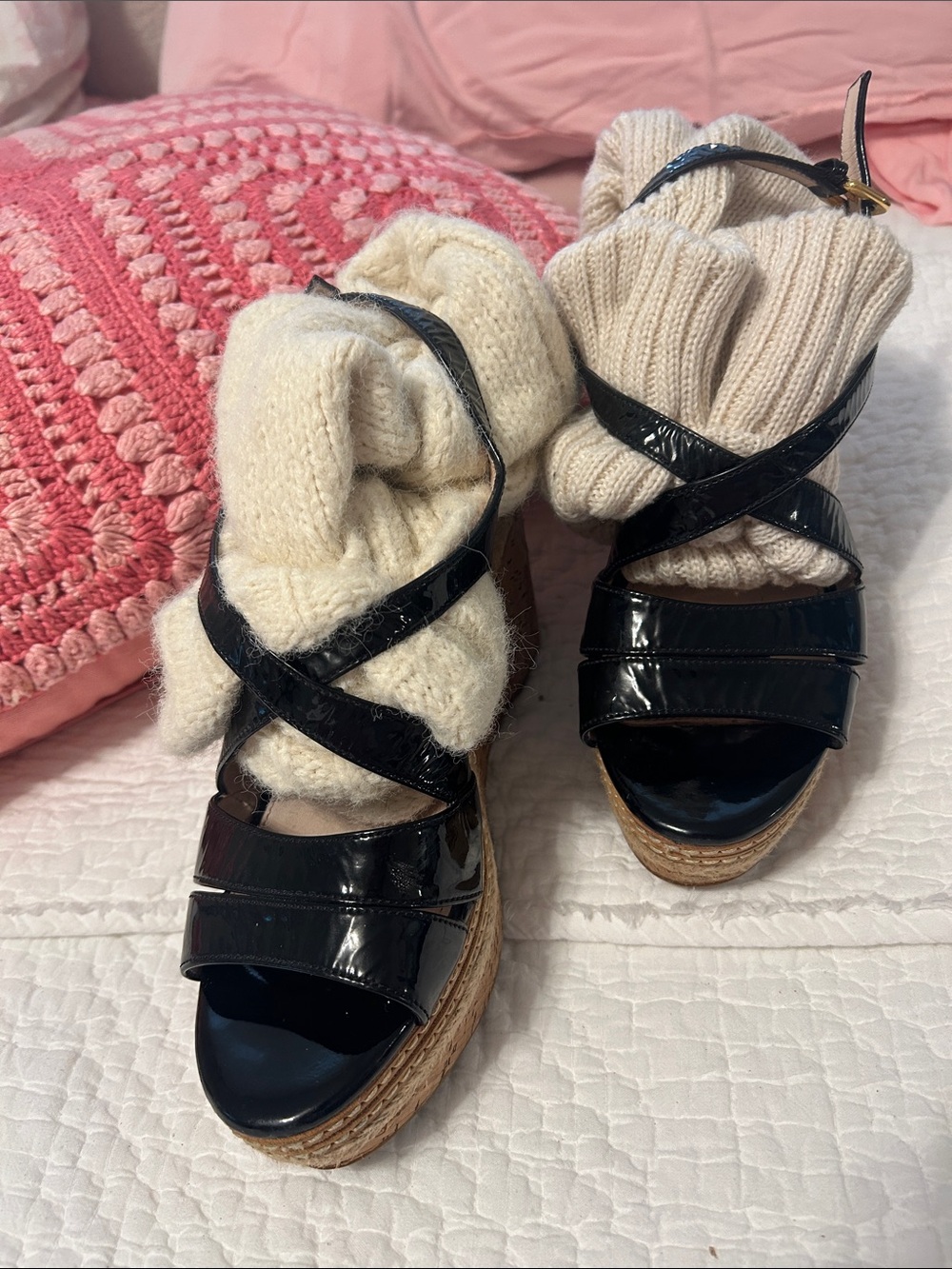 Prada Black Patent Leather Wedge Espadrille Sandals